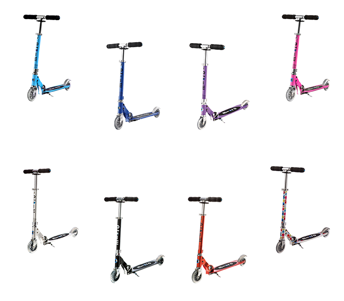 Micro Scooter Sprite in Hellblau, Blau, Lila, Pink, Alu, Black, Rot und Floral